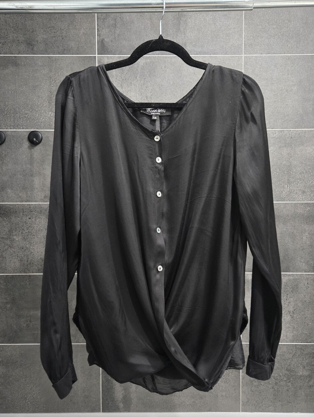 Black Button-Front Long Sleeve Women's Top